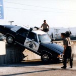 CHP car on partially collapsed bridge deck. 1994 Northridge Earthquake.